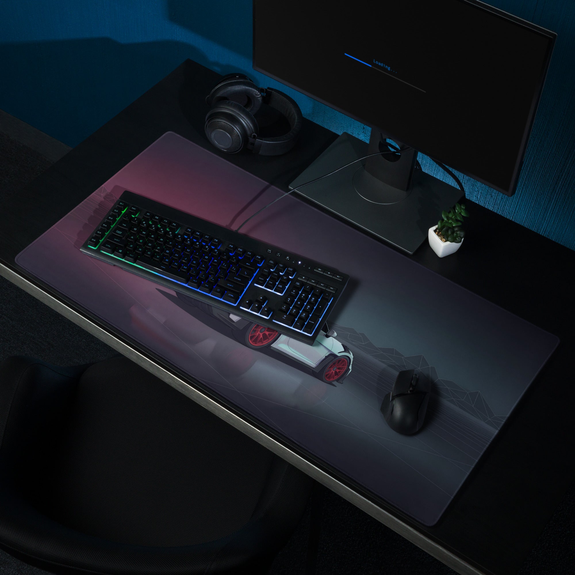 Porsche 911 GT3 RS Inspired White Red Vaporwave Gaming Mouse Pad – Dark Neon Mountain Grid Desk Mat, Futuristic Supercar Digital Artwork