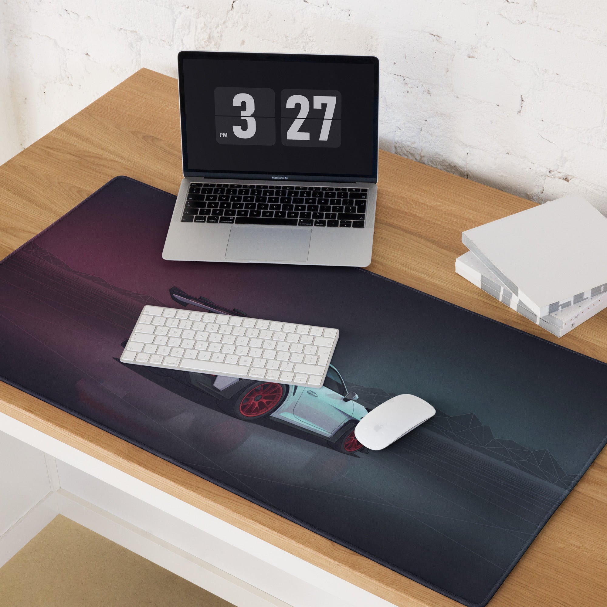 Porsche 911 GT3 RS Inspired White Red Vaporwave Gaming Mouse Pad – Dark Neon Mountain Grid Desk Mat, Futuristic Supercar Digital Artwork