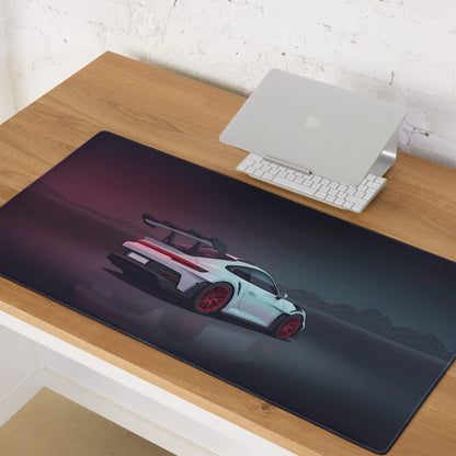 Porsche 911 GT3 RS Inspired White Red Vaporwave Gaming Mouse Pad – Dark Neon Mountain Grid Desk Mat, Futuristic Supercar Digital Artwork