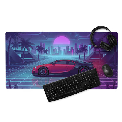 Bugatti Chiron Inspired Red Blue Vaporwave Gaming Mouse Pad – Neon Palm City Grid Desk Mat, Retro Futuristic Hypercar Digital Artwork