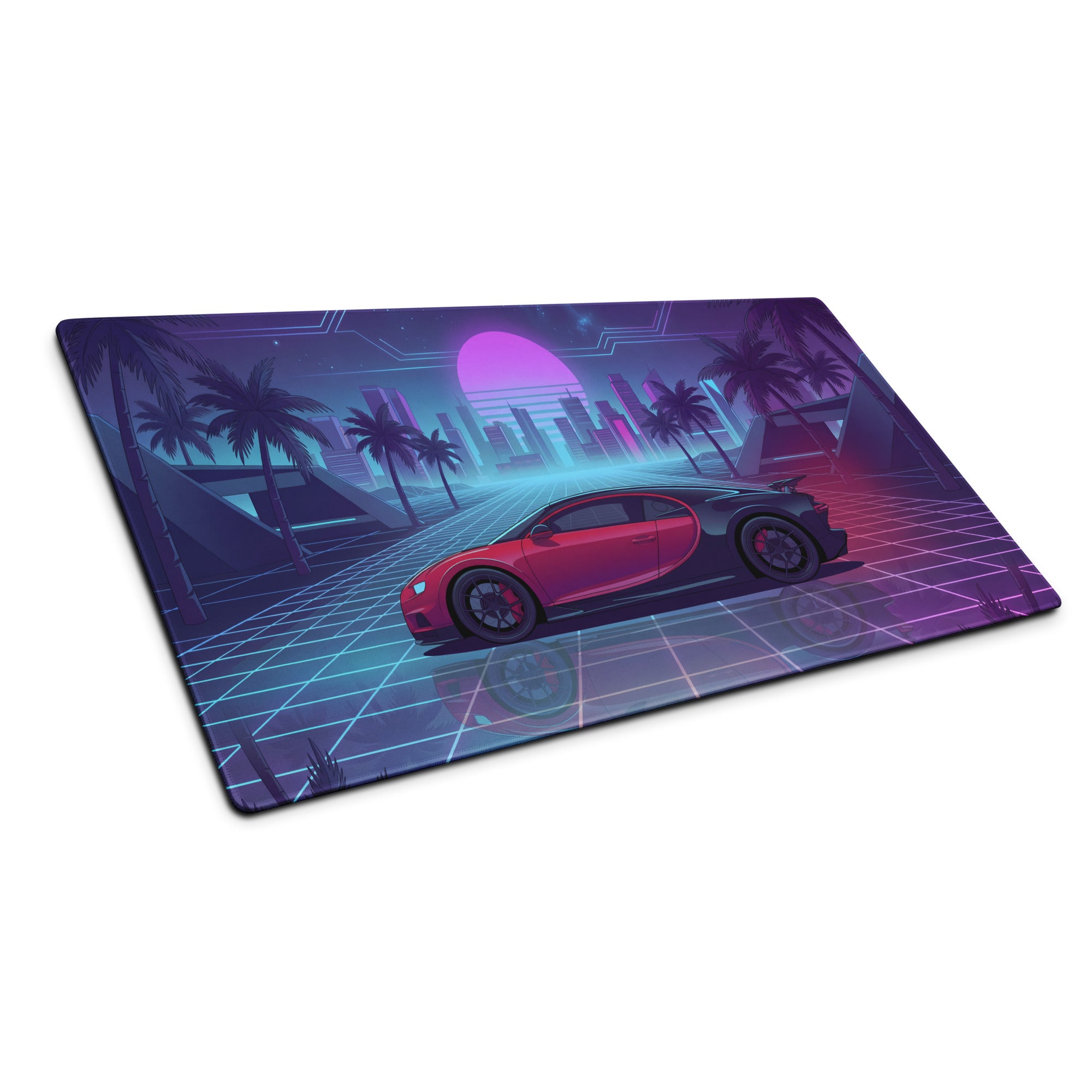 Bugatti Chiron Inspired Red Blue Vaporwave Gaming Mouse Pad – Neon Palm City Grid Desk Mat, Retro Futuristic Hypercar Digital Artwork