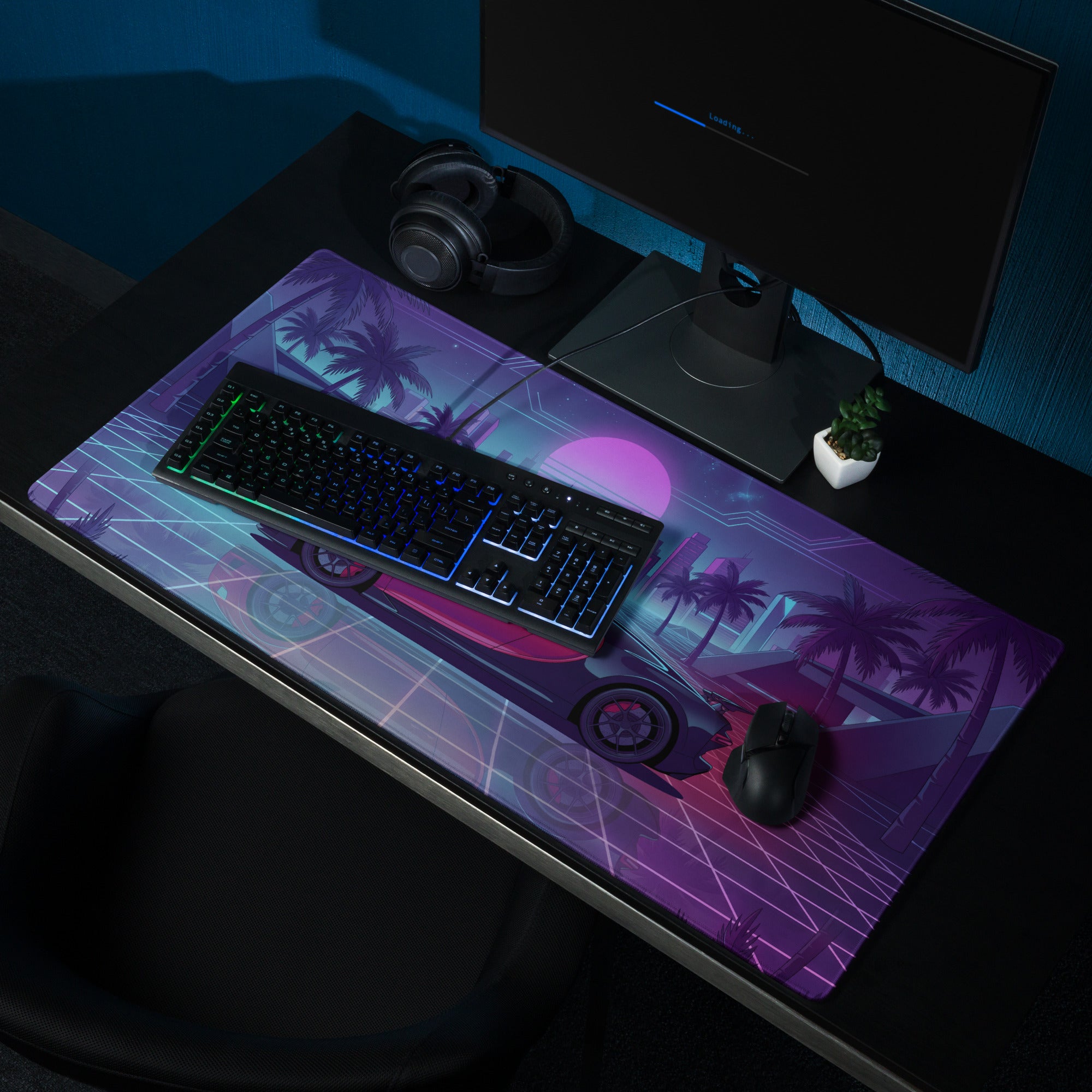 Bugatti Chiron Inspired Red Blue Vaporwave Gaming Mouse Pad – Neon Palm City Grid Desk Mat, Retro Futuristic Hypercar Digital Artwork