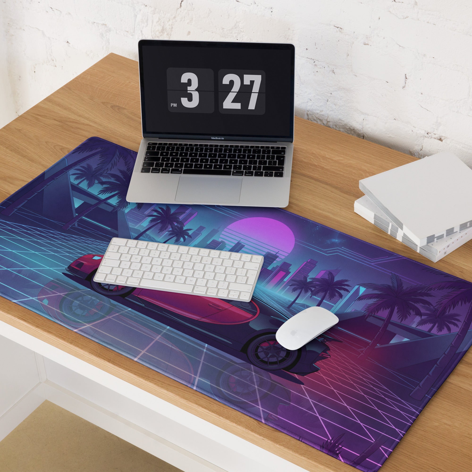 Bugatti Chiron Inspired Red Blue Vaporwave Gaming Mouse Pad – Neon Palm City Grid Desk Mat, Retro Futuristic Hypercar Digital Artwork