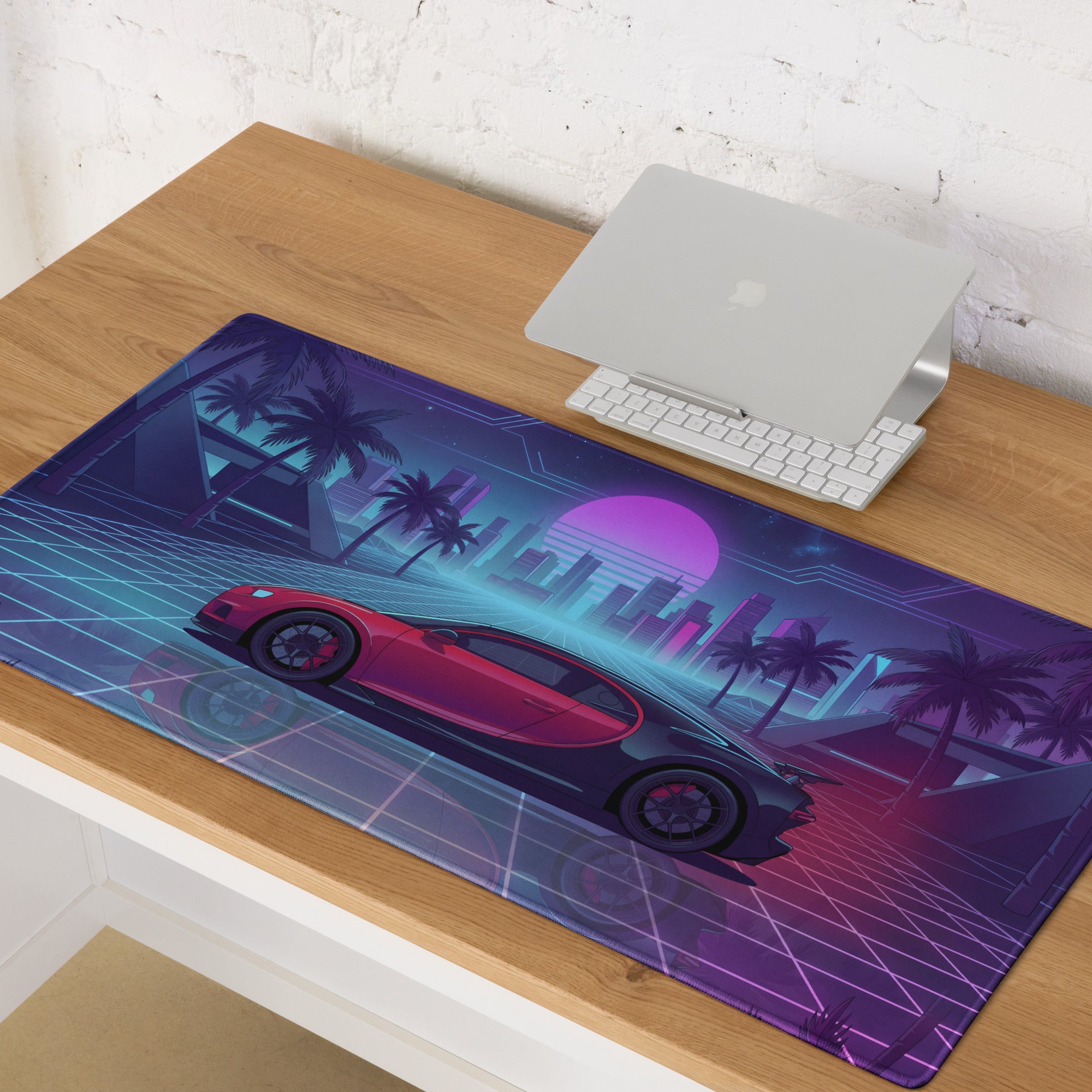 Bugatti Chiron Inspired Red Blue Vaporwave Gaming Mouse Pad – Neon Palm City Grid Desk Mat, Retro Futuristic Hypercar Digital Artwork