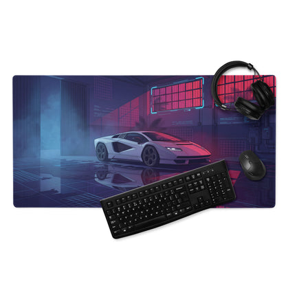 Lamborghini Countach Inspired White Pink Vaporwave Gaming Mouse Pad – Neon Cyber Garage Desk Mat, Retro Futuristic Supercar Digital Artwork