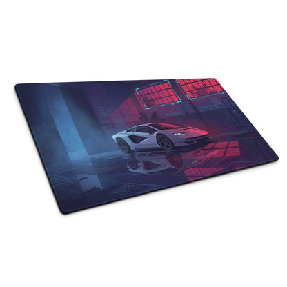 Lamborghini Countach Inspired White Pink Vaporwave Gaming Mouse Pad – Neon Cyber Garage Desk Mat, Retro Futuristic Supercar Digital Artwork