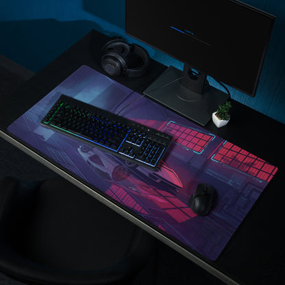 Lamborghini Countach Inspired White Pink Vaporwave Gaming Mouse Pad – Neon Cyber Garage Desk Mat, Retro Futuristic Supercar Digital Artwork
