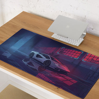 Lamborghini Countach Inspired White Pink Vaporwave Gaming Mouse Pad – Neon Cyber Garage Desk Mat, Retro Futuristic Supercar Digital Artwork