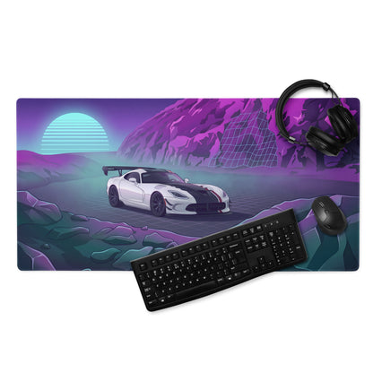 Dodge Viper ACR Inspired White Purple Vaporwave Gaming Mouse Pad – Neon Mountain Grid Desk Mat, Retro Futuristic Supercar Digital Artwork