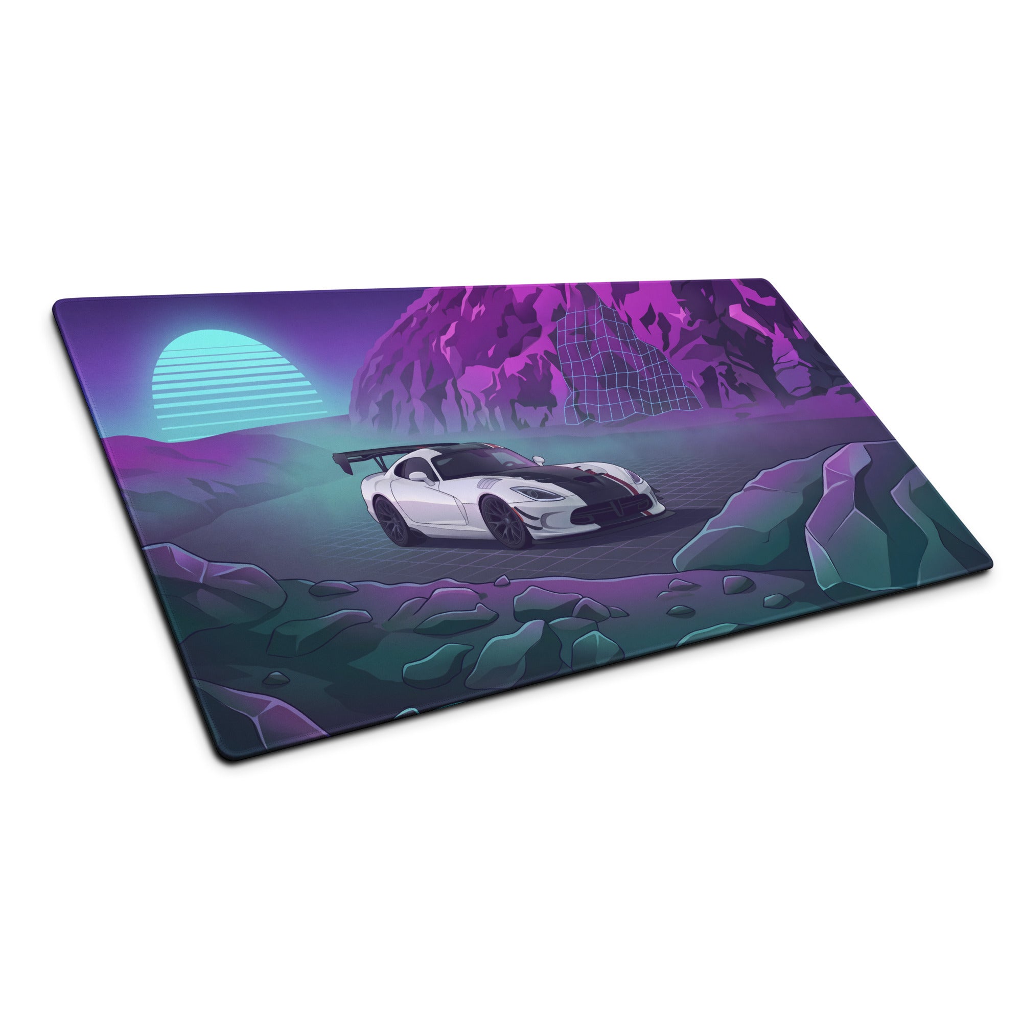 Dodge Viper ACR Inspired White Purple Vaporwave Gaming Mouse Pad – Neon Mountain Grid Desk Mat, Retro Futuristic Supercar Digital Artwork