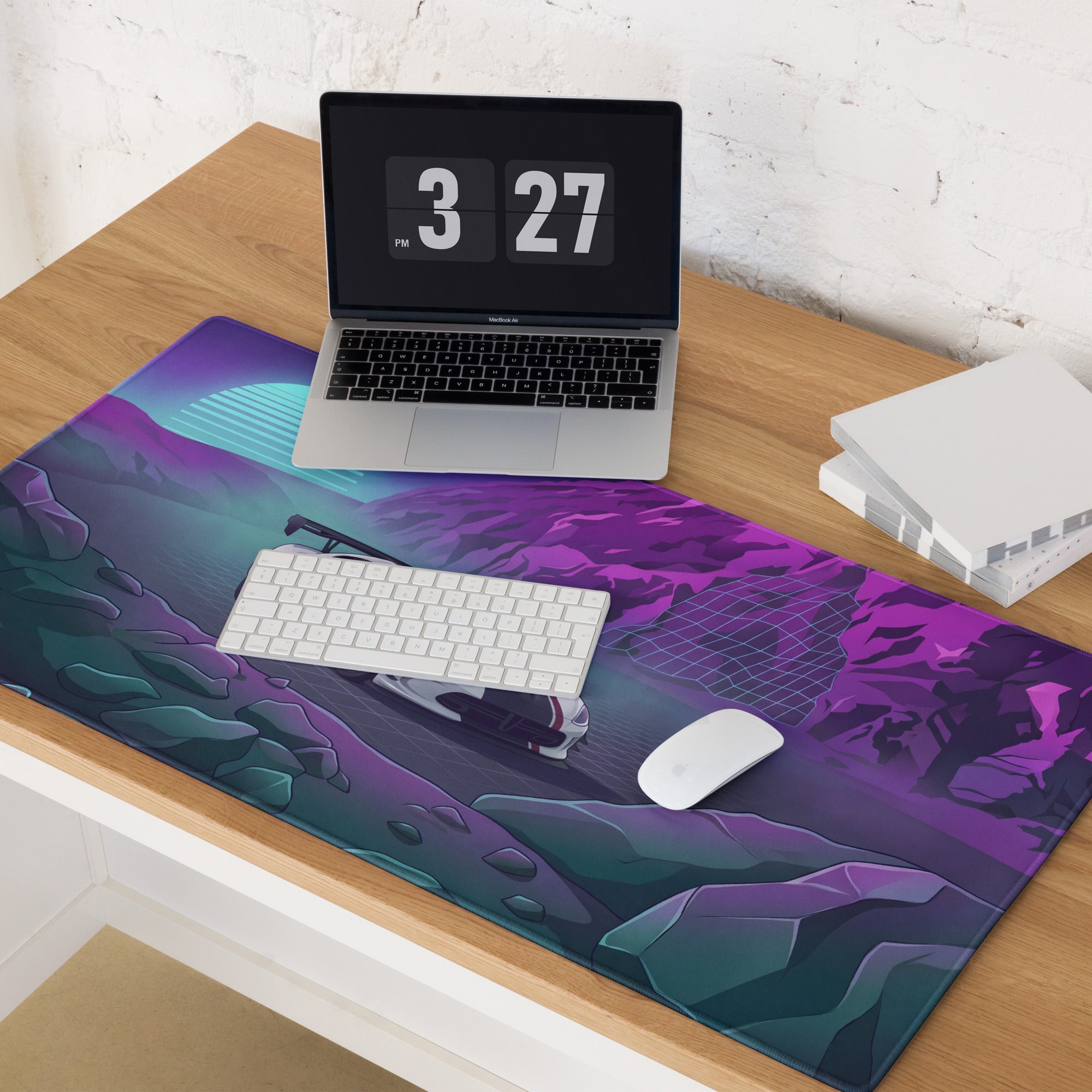 Dodge Viper ACR Inspired White Purple Vaporwave Gaming Mouse Pad – Neon Mountain Grid Desk Mat, Retro Futuristic Supercar Digital Artwork