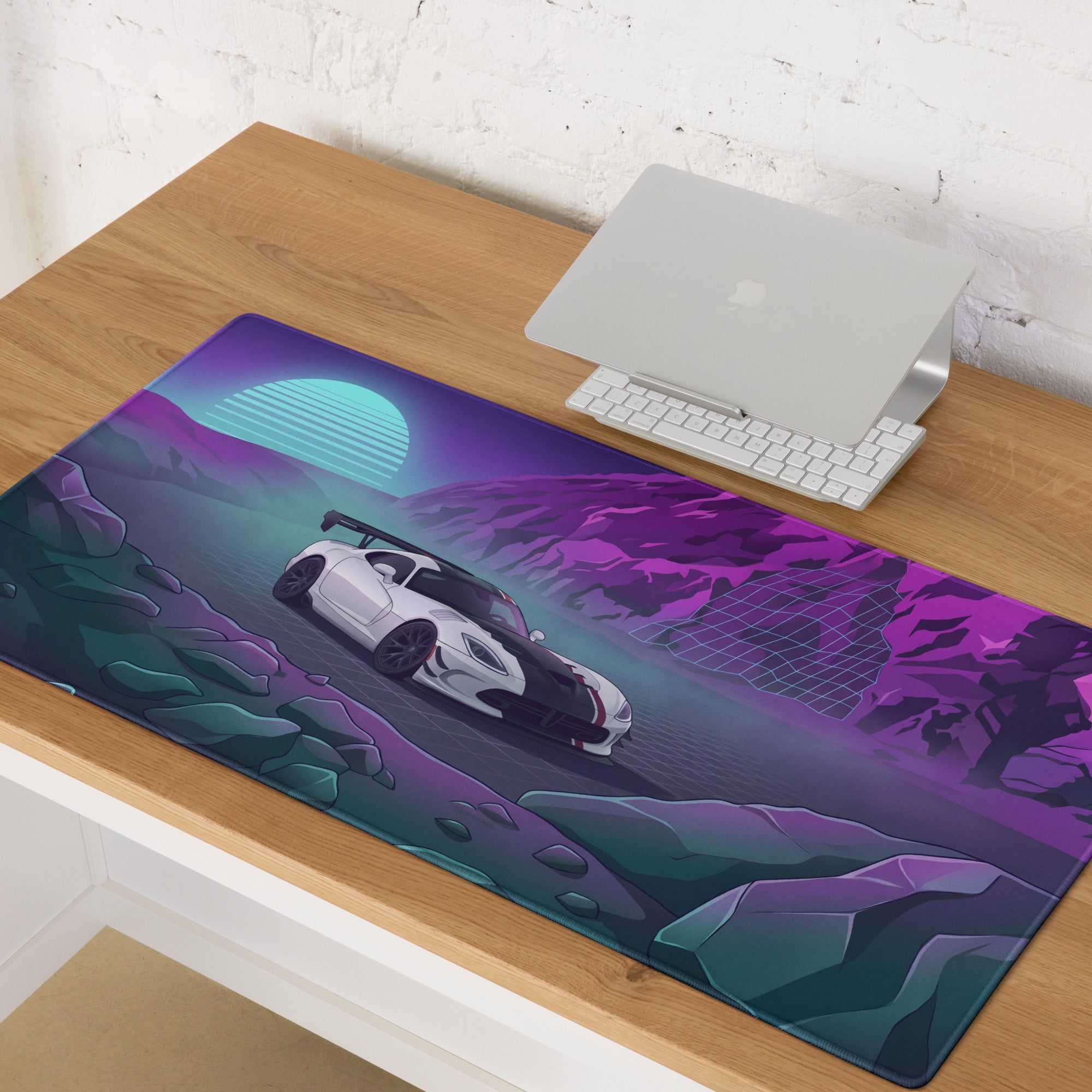 Dodge Viper ACR Inspired White Purple Vaporwave Gaming Mouse Pad – Neon Mountain Grid Desk Mat, Retro Futuristic Supercar Digital Artwork