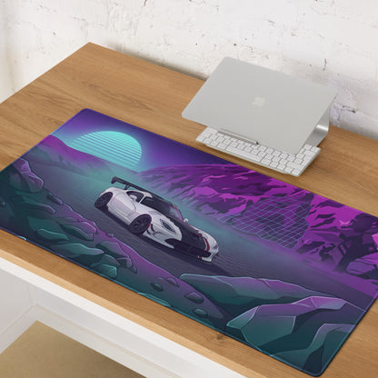 Dodge Viper ACR Inspired White Purple Vaporwave Gaming Mouse Pad – Neon Mountain Grid Desk Mat, Retro Futuristic Supercar Digital Artwork