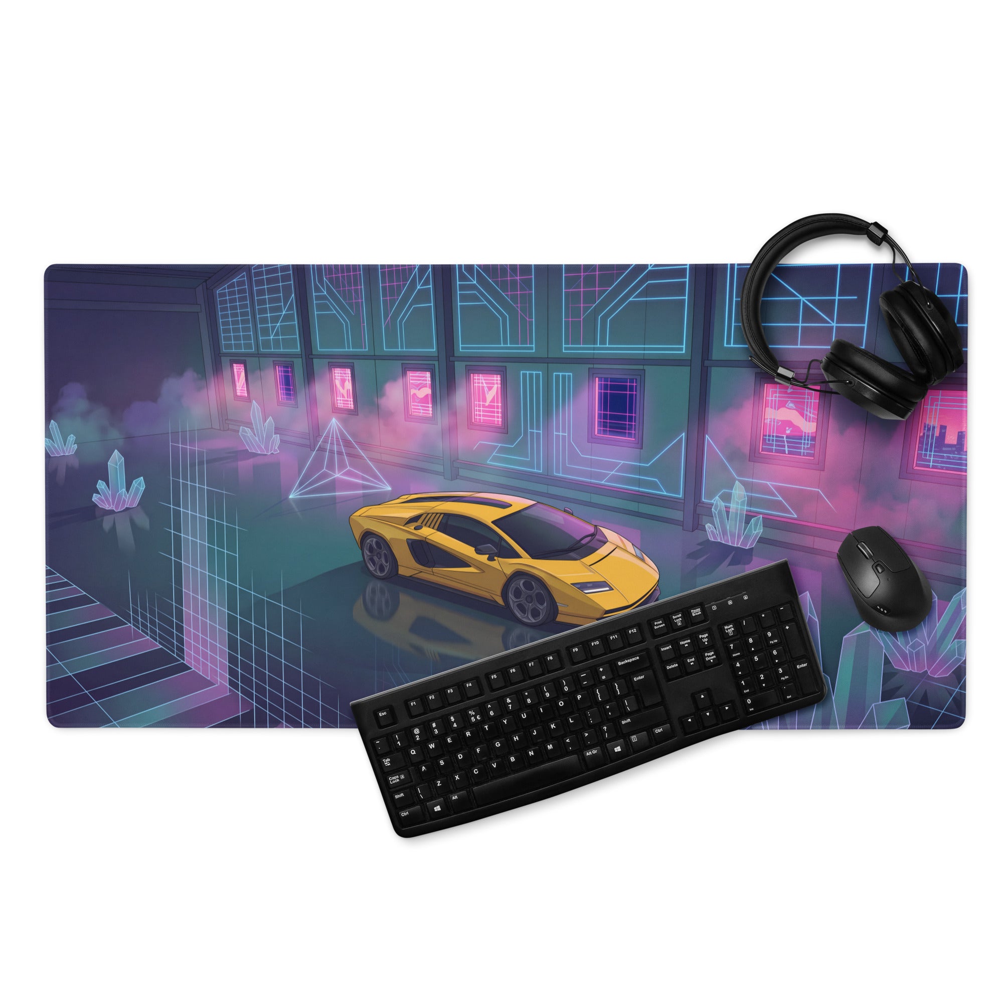 Lamborghini Countach LPI 800-4 Inspired Yellow Pink Vaporwave Gaming Mouse Pad – Neon Crystal Garage Desk Mat, Retro Futuristic Supercar Digital Artwork