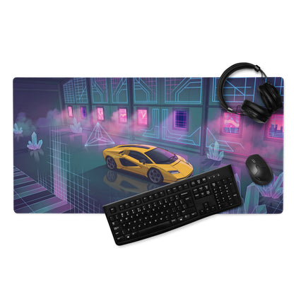Lamborghini Countach LPI 800-4 Inspired Yellow Pink Vaporwave Gaming Mouse Pad – Neon Crystal Garage Desk Mat, Retro Futuristic Supercar Digital Artwork