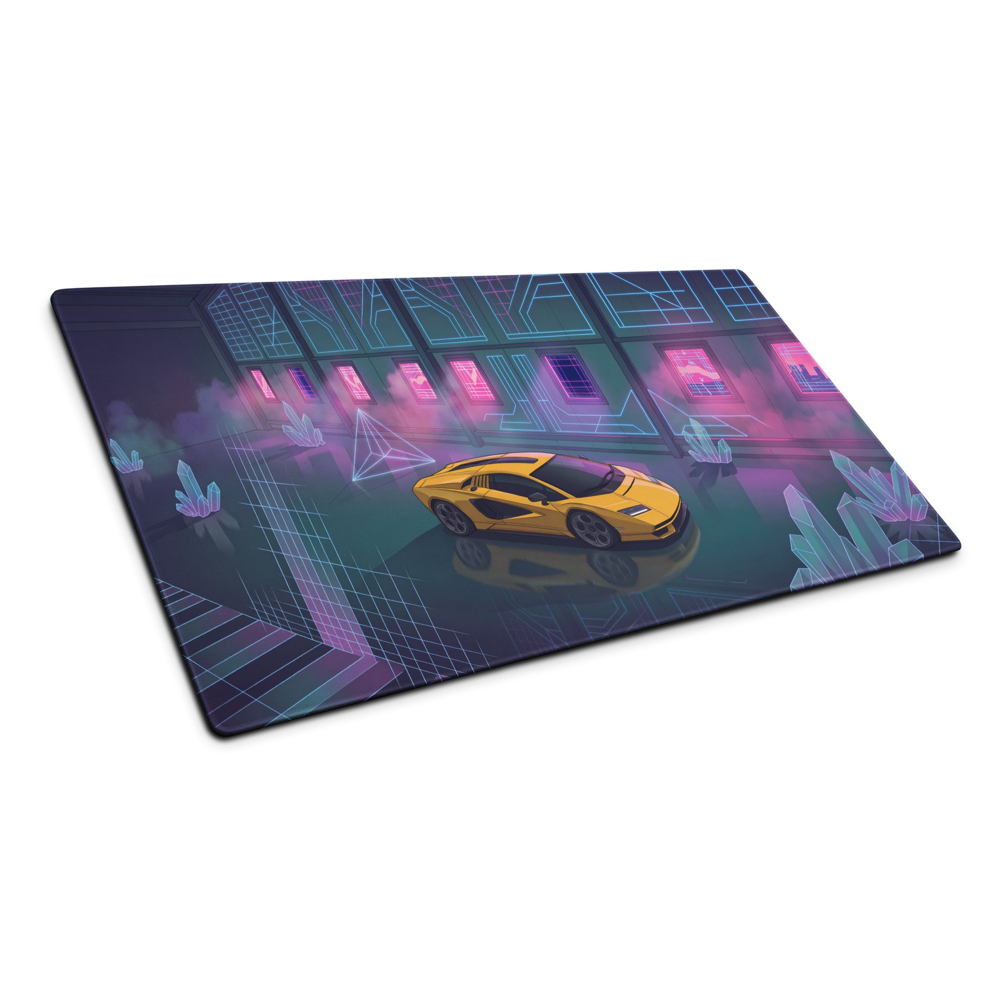 Lamborghini Countach LPI 800-4 Inspired Yellow Pink Vaporwave Gaming Mouse Pad – Neon Crystal Garage Desk Mat, Retro Futuristic Supercar Digital Artwork