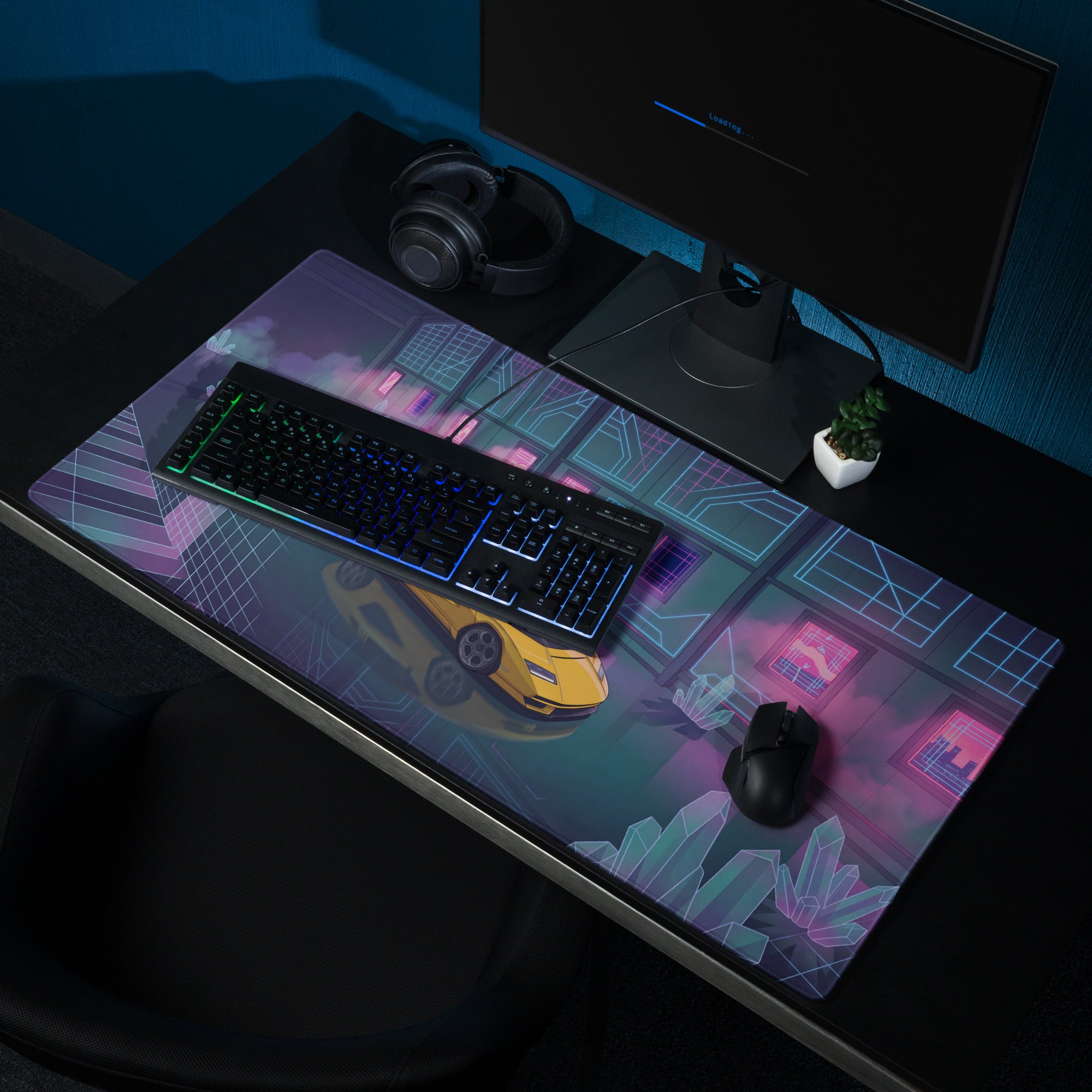 Lamborghini Countach LPI 800-4 Inspired Yellow Pink Vaporwave Gaming Mouse Pad – Neon Crystal Garage Desk Mat, Retro Futuristic Supercar Digital Artwork