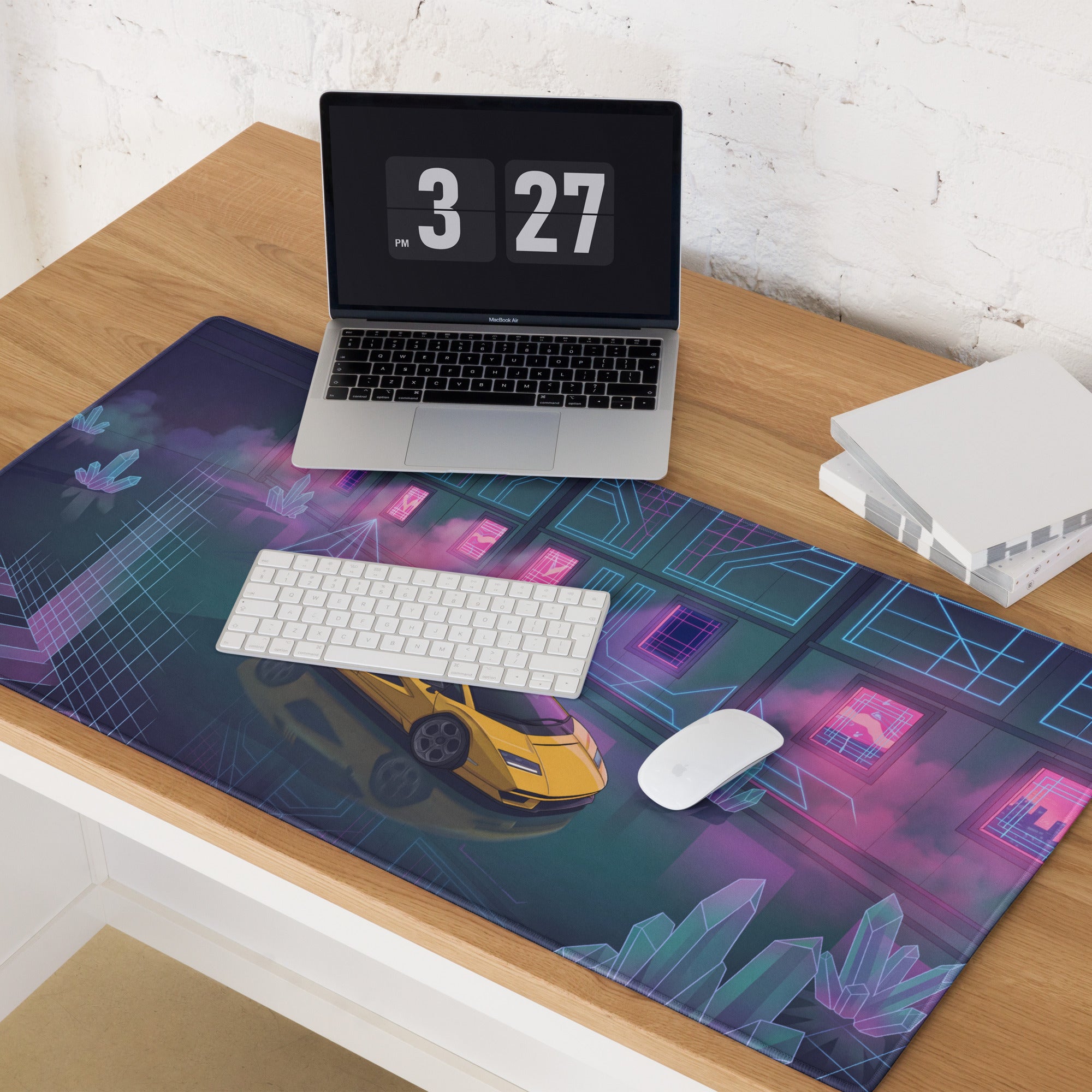Lamborghini Countach LPI 800-4 Inspired Yellow Pink Vaporwave Gaming Mouse Pad – Neon Crystal Garage Desk Mat, Retro Futuristic Supercar Digital Artwork