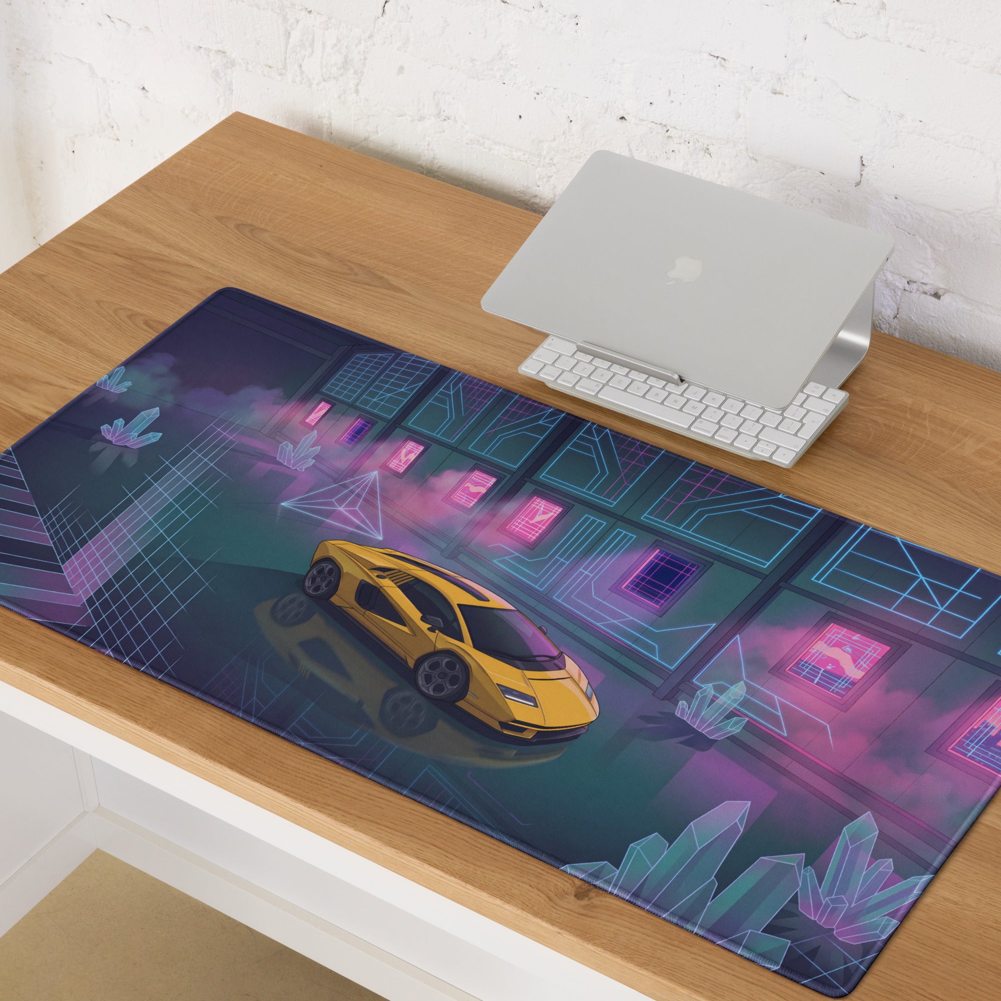 Lamborghini Countach LPI 800-4 Inspired Yellow Pink Vaporwave Gaming Mouse Pad – Neon Crystal Garage Desk Mat, Retro Futuristic Supercar Digital Artwork