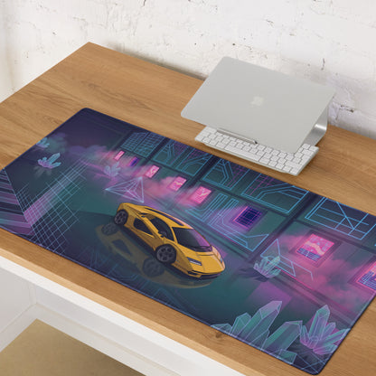 Lamborghini Countach LPI 800-4 Inspired Yellow Pink Vaporwave Gaming Mouse Pad – Neon Crystal Garage Desk Mat, Retro Futuristic Supercar Digital Artwork