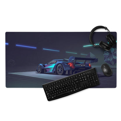 Ford GT MkIV Inspired Blue Cyan Vaporwave Gaming Mouse Pad – Neon Cyber Garage Desk Mat, Futuristic Hypercar Digital Artwork