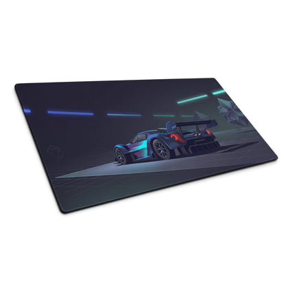 Ford GT MkIV Inspired Blue Cyan Vaporwave Gaming Mouse Pad – Neon Cyber Garage Desk Mat, Futuristic Hypercar Digital Artwork