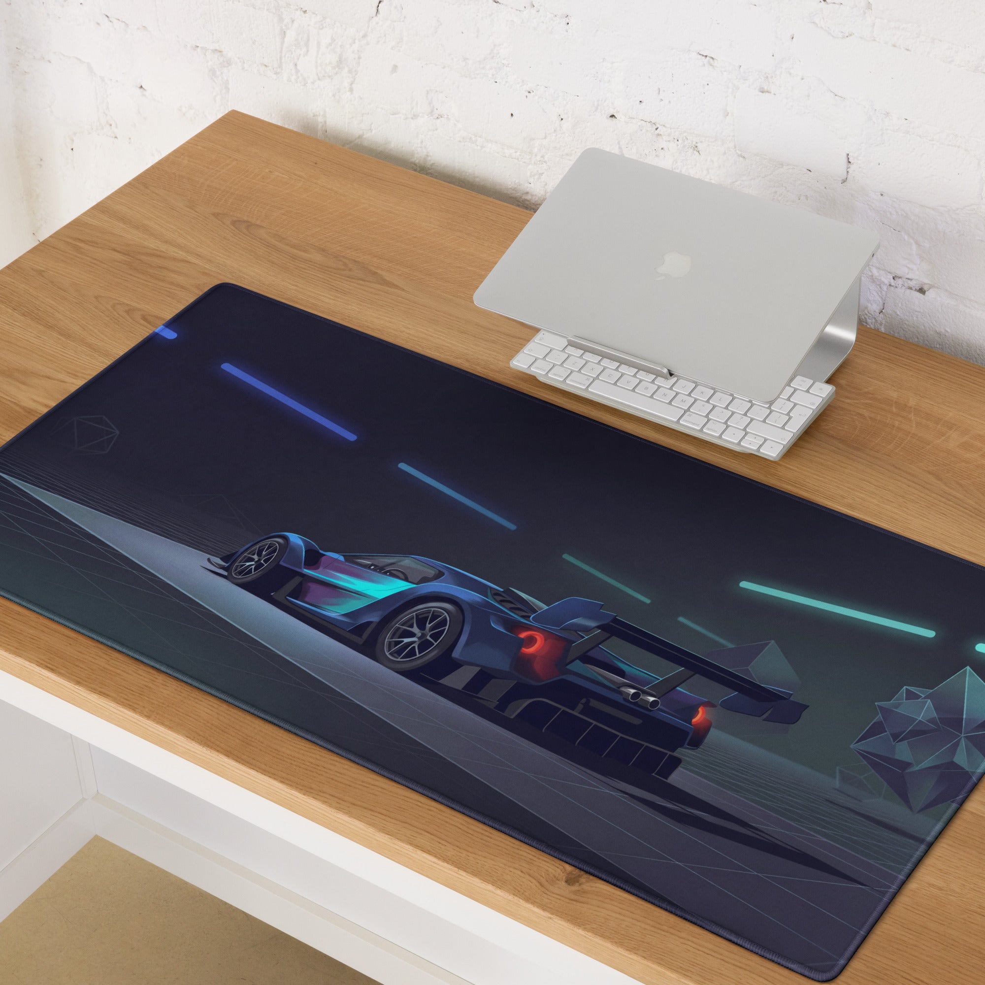 Ford GT MkIV Inspired Blue Cyan Vaporwave Gaming Mouse Pad – Neon Cyber Garage Desk Mat, Futuristic Hypercar Digital Artwork