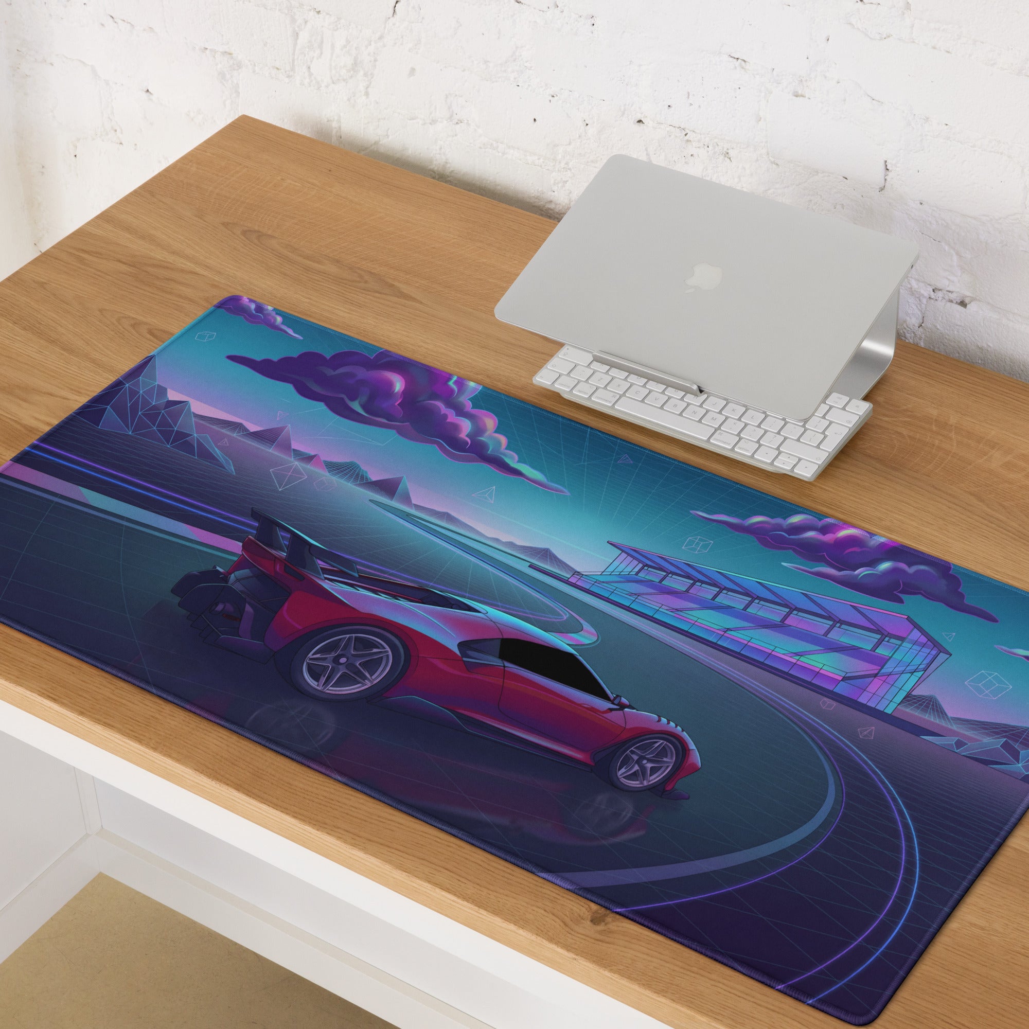 Ferrari P80/C Inspired Red Cyan Vaporwave Gaming Mouse Pad – Neon Futuristic Racetrack Desk Mat, Retro Hypercar Digital Artwork