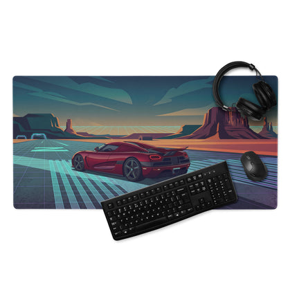 Koenigsegg Agera RS Inspired Red Cyan Vaporwave Gaming Mouse Pad – Neon Desert Highway Desk Mat, Retro Futuristic Hypercar Digital Artwork