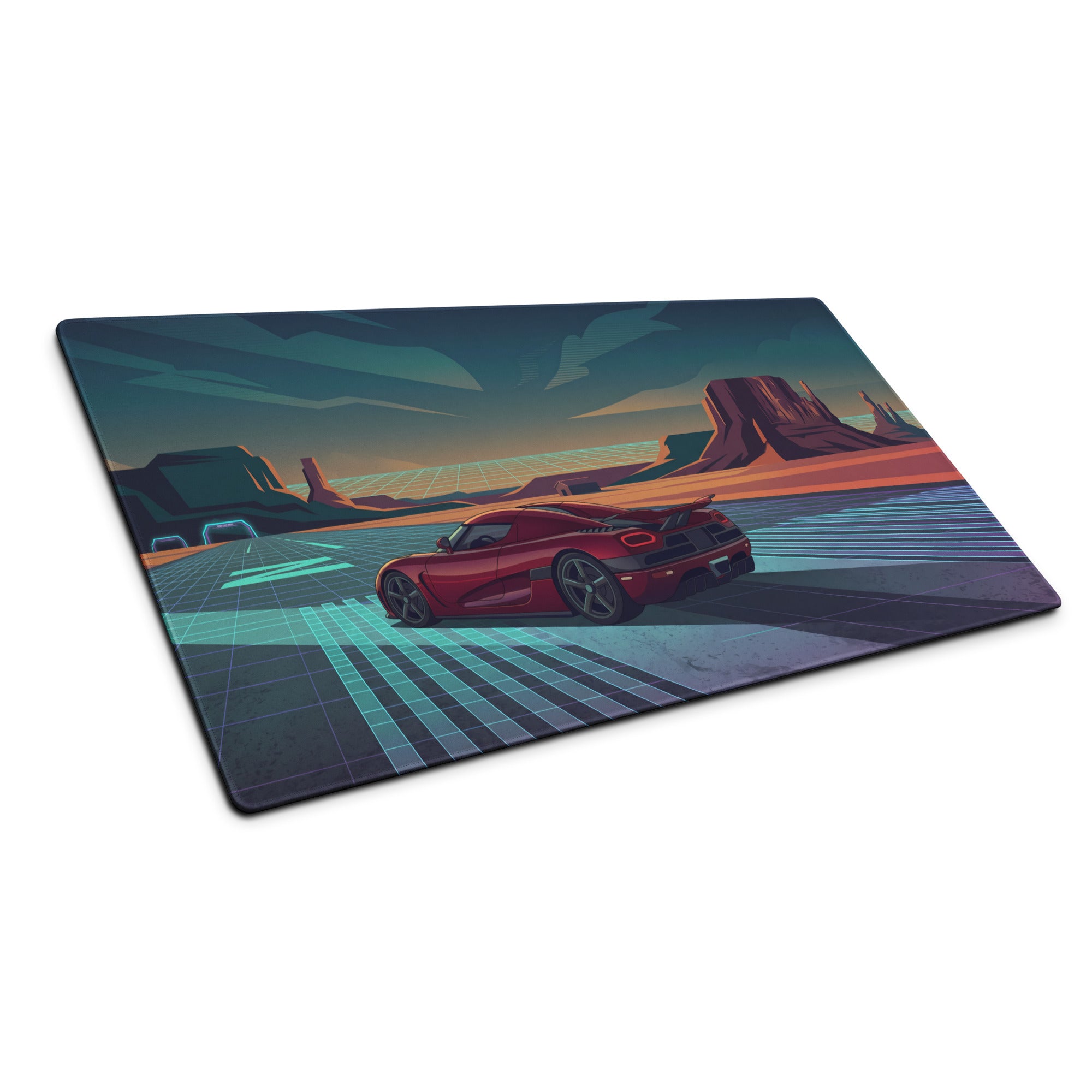 Koenigsegg Agera RS Inspired Red Cyan Vaporwave Gaming Mouse Pad – Neon Desert Highway Desk Mat, Retro Futuristic Hypercar Digital Artwork
