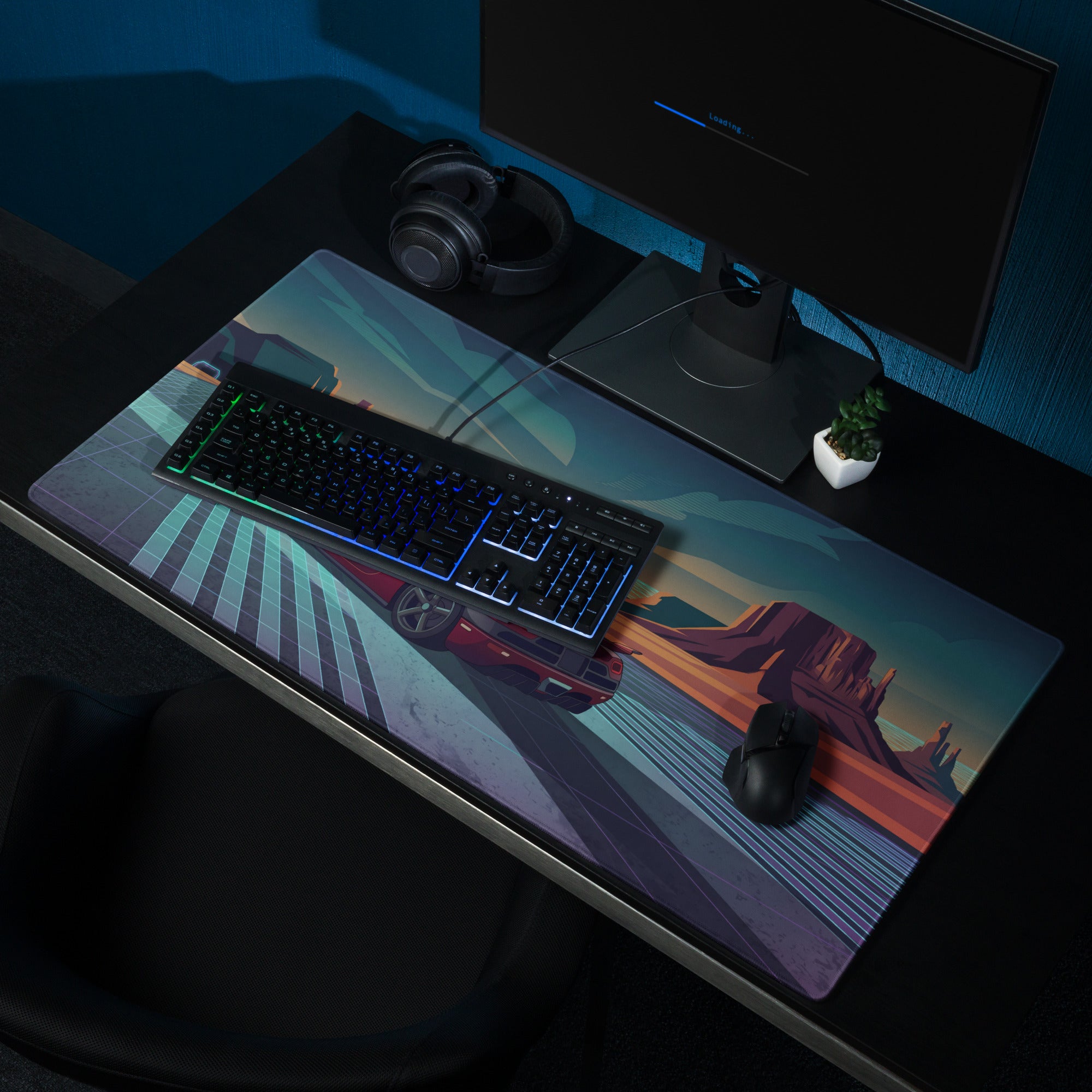 Koenigsegg Agera RS Inspired Red Cyan Vaporwave Gaming Mouse Pad – Neon Desert Highway Desk Mat, Retro Futuristic Hypercar Digital Artwork