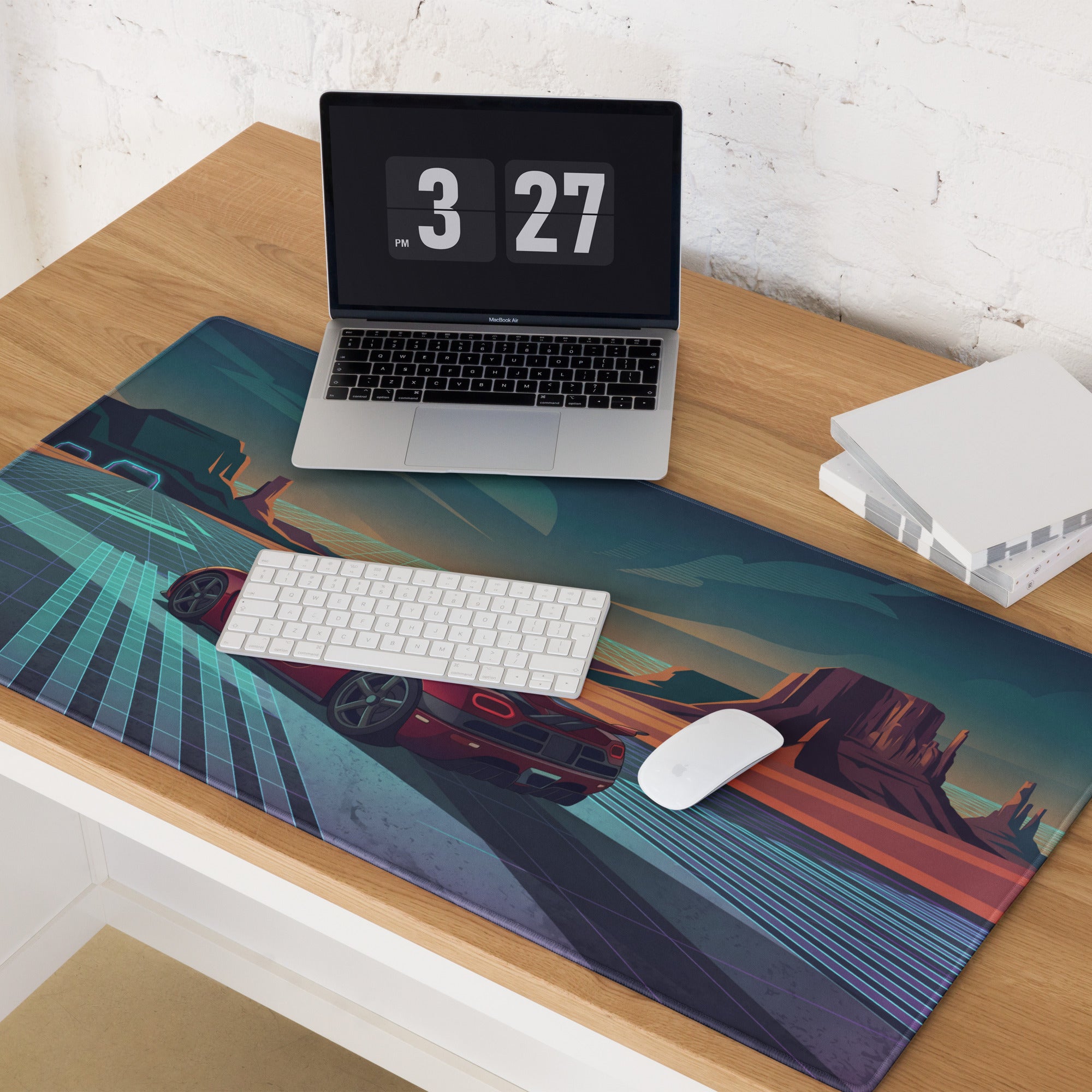 Koenigsegg Agera RS Inspired Red Cyan Vaporwave Gaming Mouse Pad – Neon Desert Highway Desk Mat, Retro Futuristic Hypercar Digital Artwork