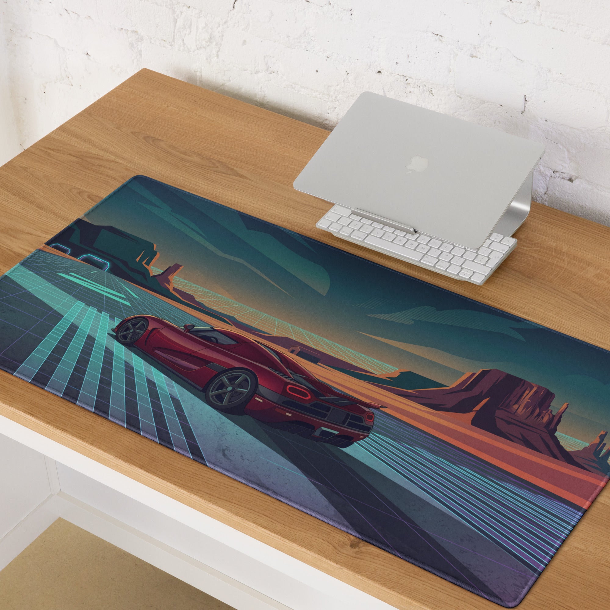 Koenigsegg Agera RS Inspired Red Cyan Vaporwave Gaming Mouse Pad – Neon Desert Highway Desk Mat, Retro Futuristic Hypercar Digital Artwork