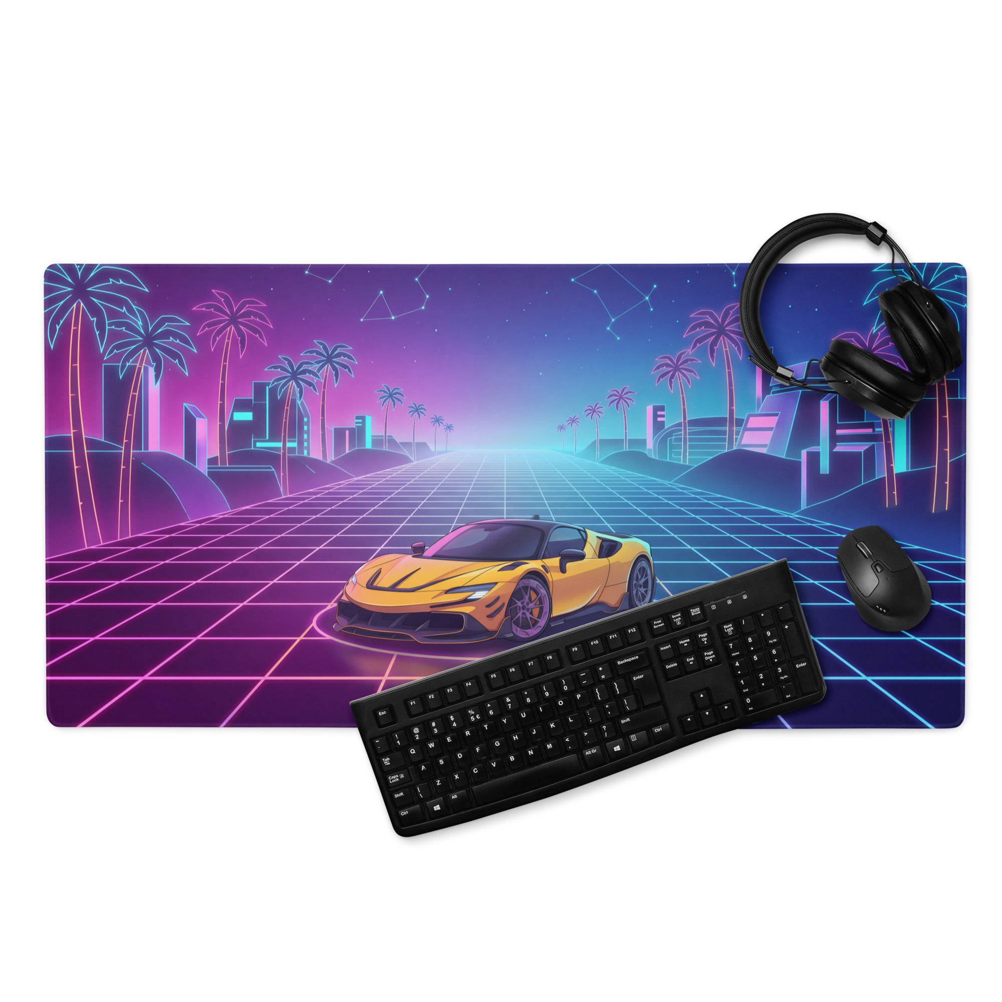 Ferrari SF90 Stradale Inspired Orange Pink Cyan Vaporwave Gaming Mouse Pad – Neon Palm City Grid Desk Mat, Retro Futuristic Supercar Digital Artwork