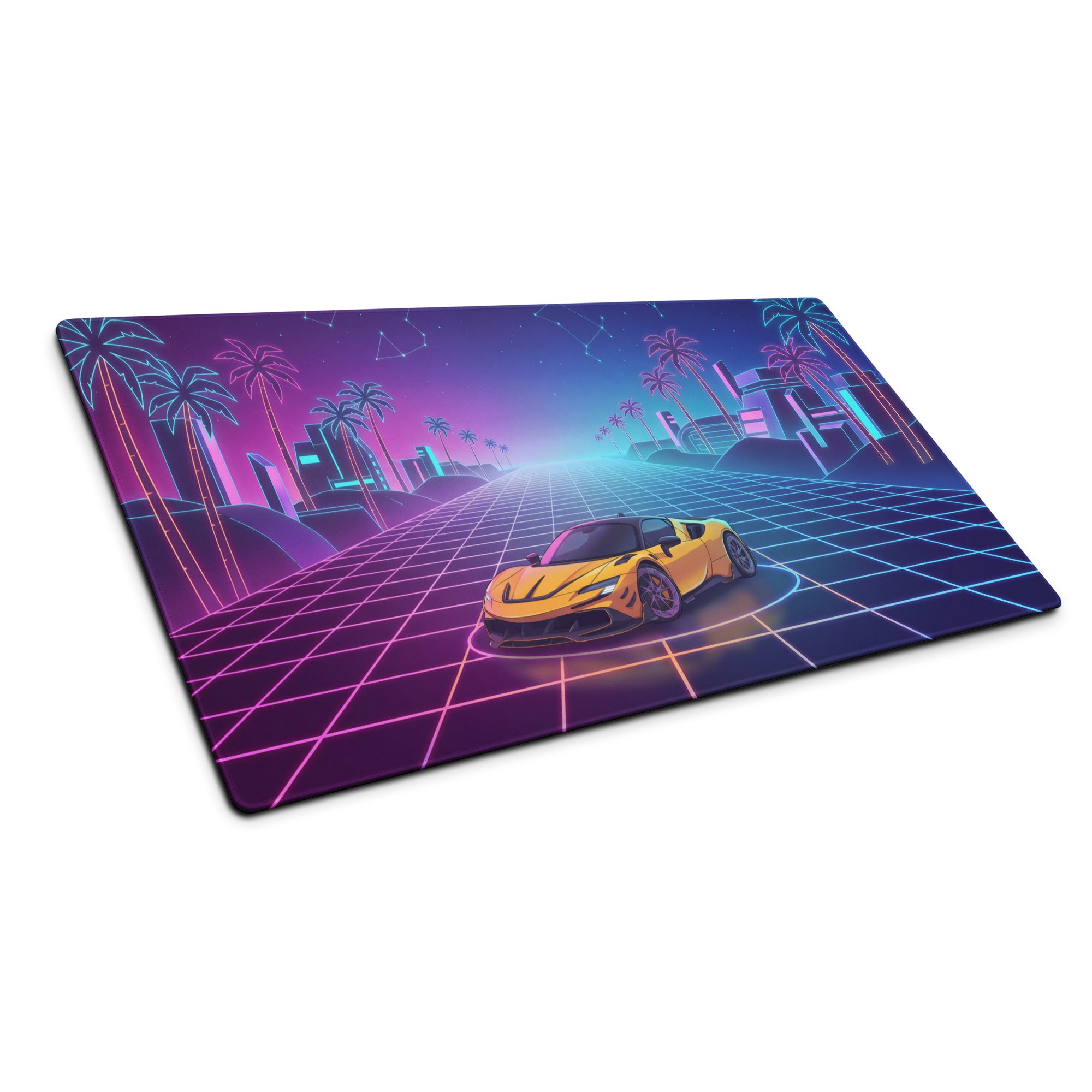 Ferrari SF90 Stradale Inspired Orange Pink Cyan Vaporwave Gaming Mouse Pad – Neon Palm City Grid Desk Mat, Retro Futuristic Supercar Digital Artwork