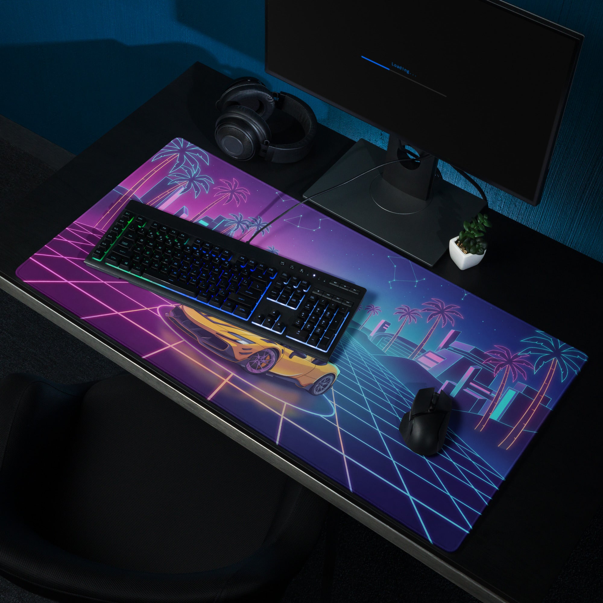 Ferrari SF90 Stradale Inspired Orange Pink Cyan Vaporwave Gaming Mouse Pad – Neon Palm City Grid Desk Mat, Retro Futuristic Supercar Digital Artwork