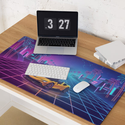 Ferrari SF90 Stradale Inspired Orange Pink Cyan Vaporwave Gaming Mouse Pad – Neon Palm City Grid Desk Mat, Retro Futuristic Supercar Digital Artwork