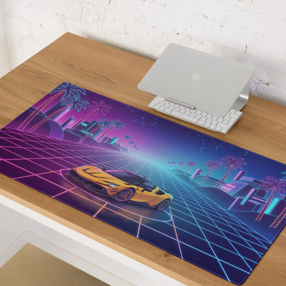 Ferrari SF90 Stradale Inspired Orange Pink Cyan Vaporwave Gaming Mouse Pad – Neon Palm City Grid Desk Mat, Retro Futuristic Supercar Digital Artwork