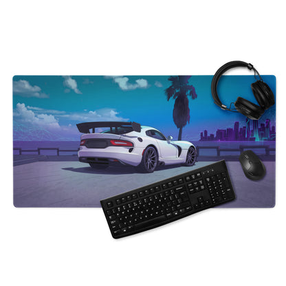 Dodge Viper ACR Inspired White Blue Vaporwave Gaming Mouse Pad – Neon Palm City Skyline Desk Mat, Futuristic Supercar Digital Artwork