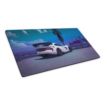 Dodge Viper ACR Inspired White Blue Vaporwave Gaming Mouse Pad – Neon Palm City Skyline Desk Mat, Futuristic Supercar Digital Artwork