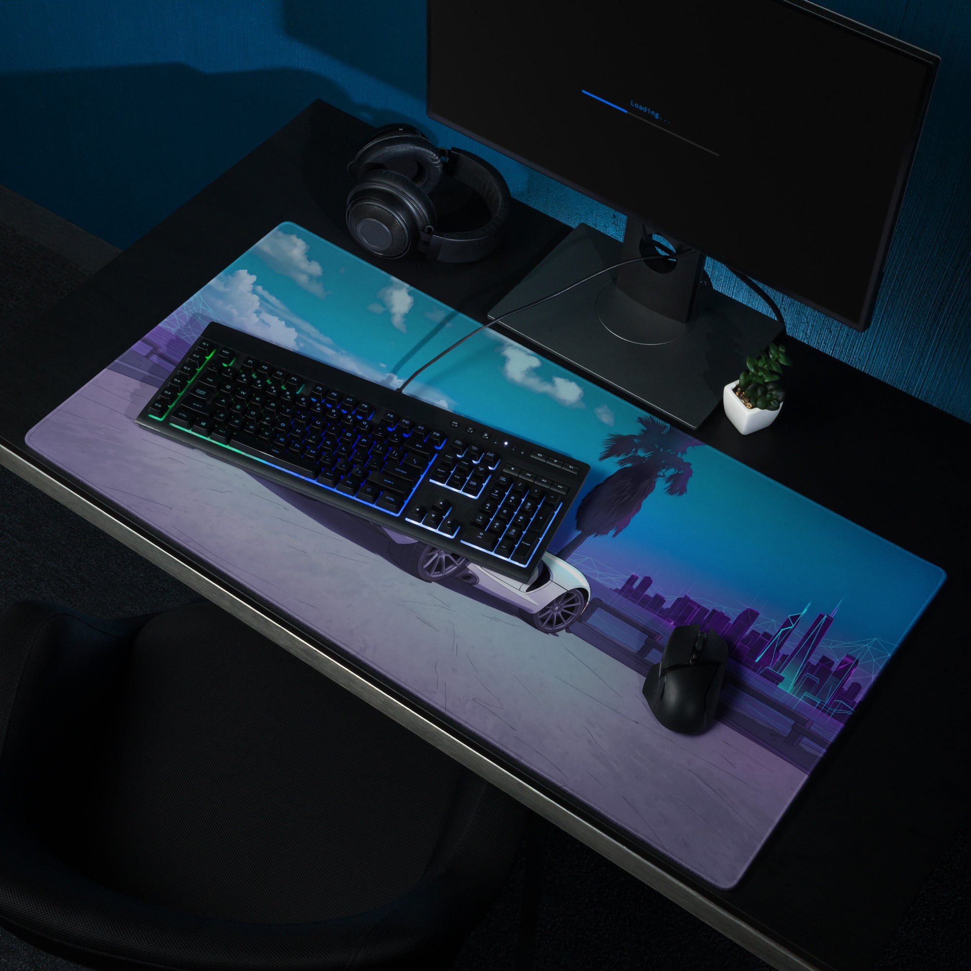 Dodge Viper ACR Inspired White Blue Vaporwave Gaming Mouse Pad – Neon Palm City Skyline Desk Mat, Futuristic Supercar Digital Artwork