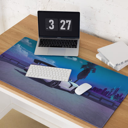 Dodge Viper ACR Inspired White Blue Vaporwave Gaming Mouse Pad – Neon Palm City Skyline Desk Mat, Futuristic Supercar Digital Artwork