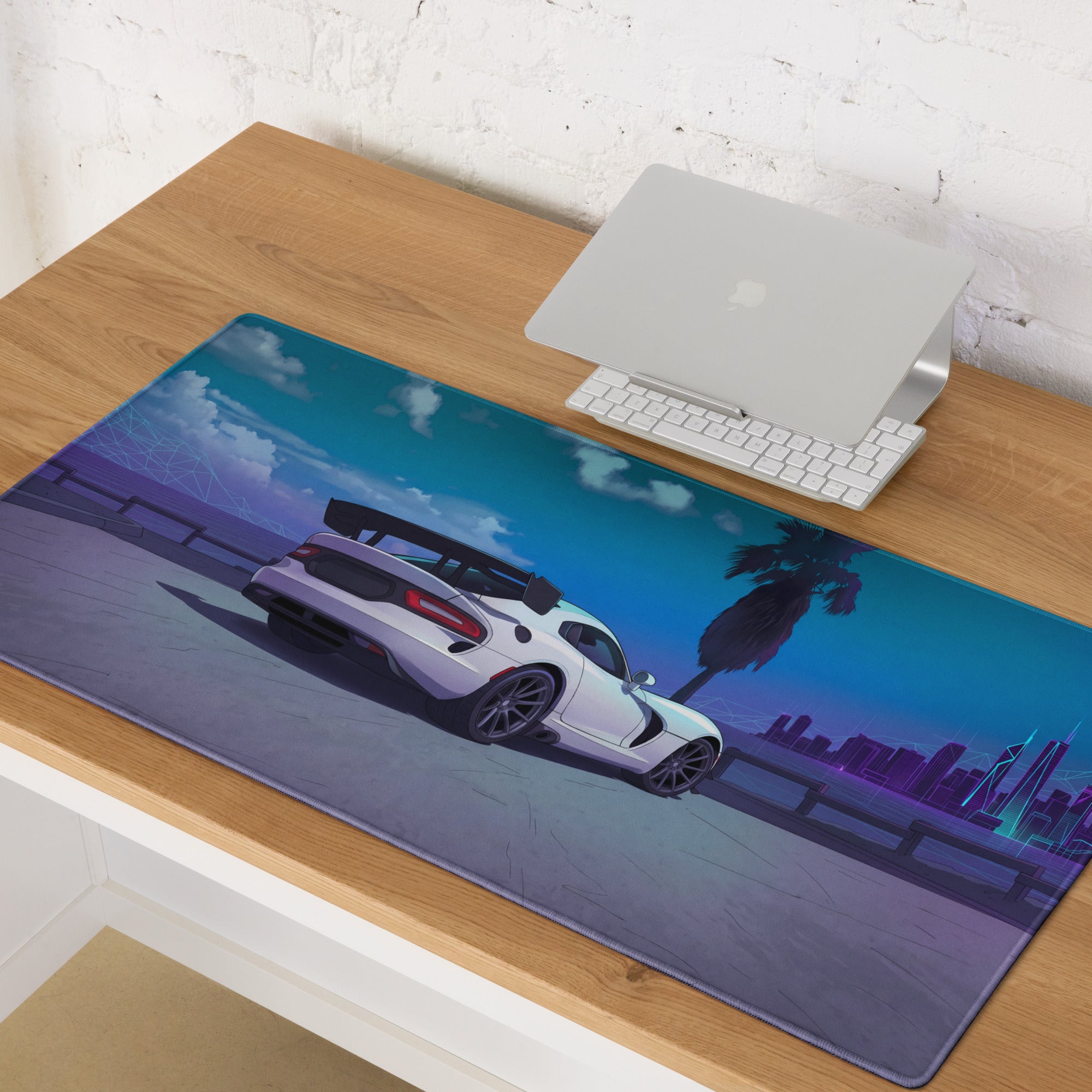 Dodge Viper ACR Inspired White Blue Vaporwave Gaming Mouse Pad – Neon Palm City Skyline Desk Mat, Futuristic Supercar Digital Artwork