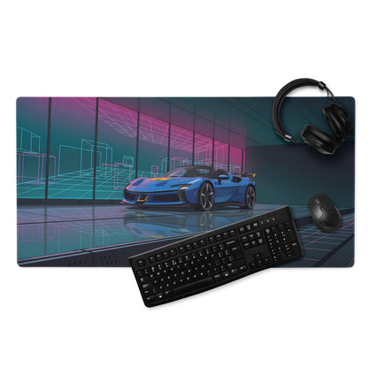 Ferrari SF90 XX Spider Inspired Blue Pink Vaporwave Gaming Mouse Pad – Neon Cyber Showroom Desk Mat, Futuristic Convertible Supercar Digital Artwork