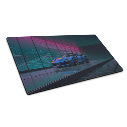 Ferrari SF90 XX Spider Inspired Blue Pink Vaporwave Gaming Mouse Pad – Neon Cyber Showroom Desk Mat, Futuristic Convertible Supercar Digital Artwork