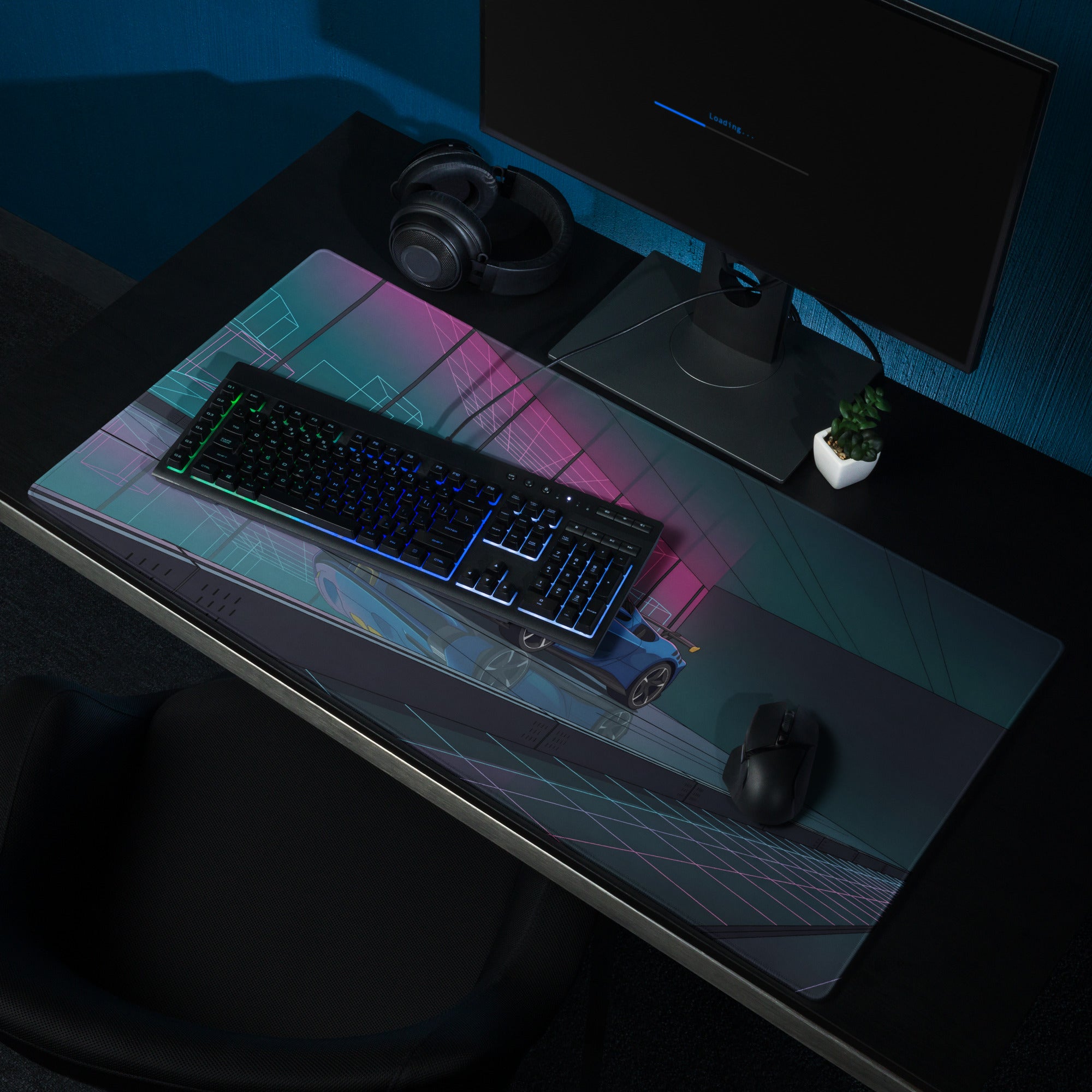 Ferrari SF90 XX Spider Inspired Blue Pink Vaporwave Gaming Mouse Pad – Neon Cyber Showroom Desk Mat, Futuristic Convertible Supercar Digital Artwork