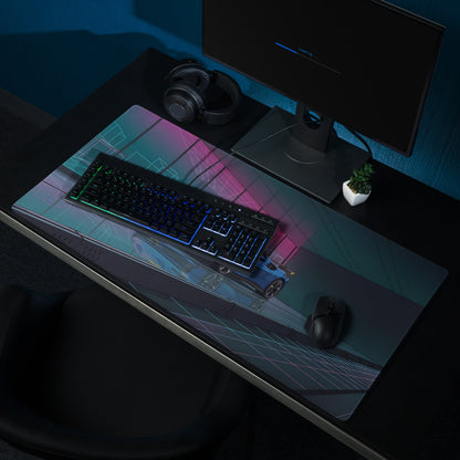 Ferrari SF90 XX Spider Inspired Blue Pink Vaporwave Gaming Mouse Pad – Neon Cyber Showroom Desk Mat, Futuristic Convertible Supercar Digital Artwork