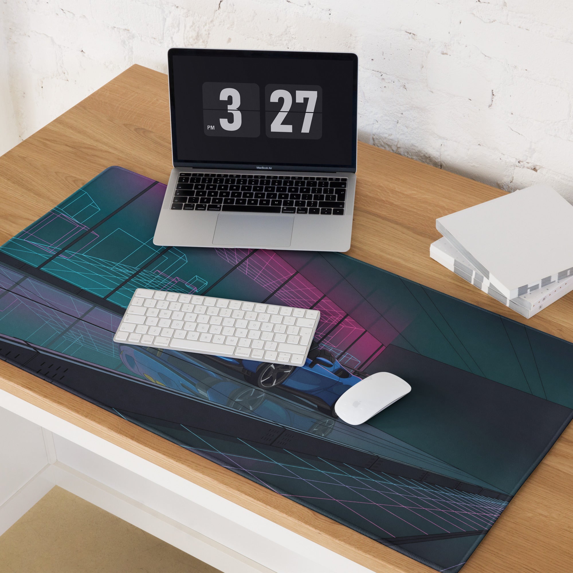 Ferrari SF90 XX Spider Inspired Blue Pink Vaporwave Gaming Mouse Pad – Neon Cyber Showroom Desk Mat, Futuristic Convertible Supercar Digital Artwork