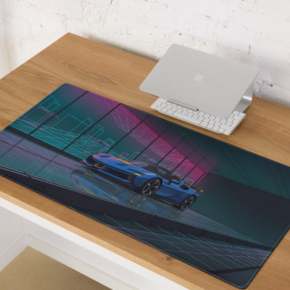 Ferrari SF90 XX Spider Inspired Blue Pink Vaporwave Gaming Mouse Pad – Neon Cyber Showroom Desk Mat, Futuristic Convertible Supercar Digital Artwork