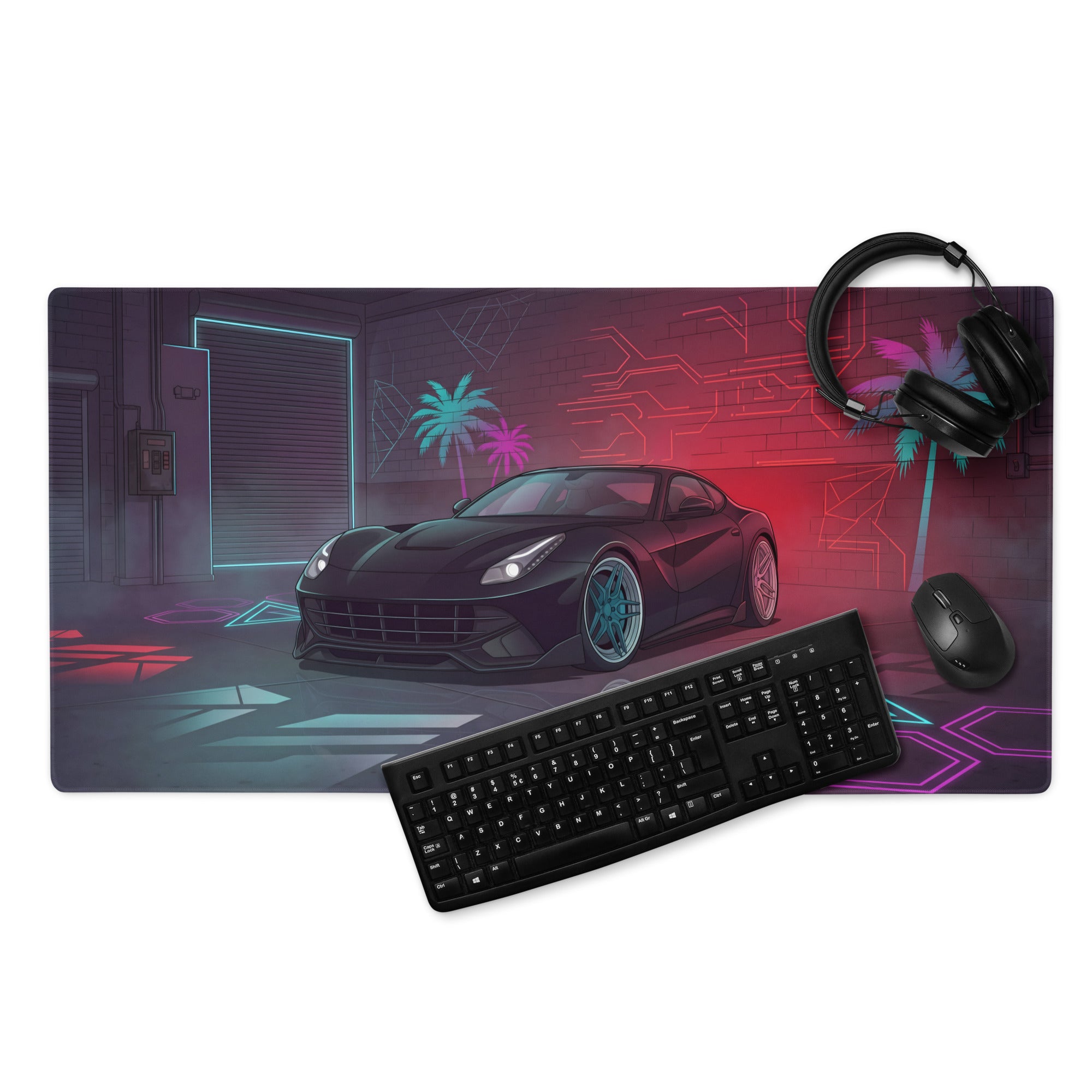 Ferrari F12berlinetta Inspired Black Red Vaporwave Gaming Mouse Pad – Neon Cyber Garage Desk Mat, Futuristic Italian Supercar Digital Artwork